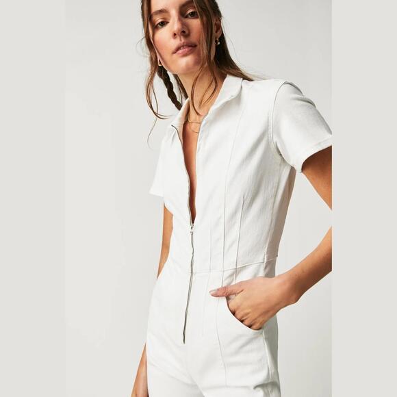 051 Free People Jayde Flare Jumpsuit White Stretch Denim (Size Large) $158 NWT - Picture 4 of 4